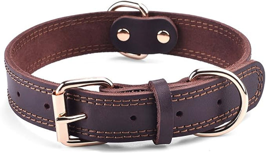 Genuine Leather Dog Collar, Heavy Duty Wide Dog Collar for Small,Medium, Large and Extra Large Dog (L: 1.2" Wide for 17"-23" Neck, Dual Stitch - Brown)