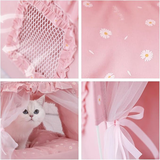 Selena Cat Bed Tents Dog House Indoor Outdoor Lace Mesh Breathable Windows Door Curtains Removable Portable Nest Teepe House (Large,Pink(Ruffled Teim))