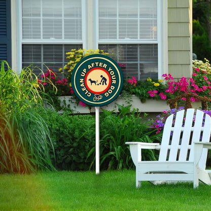 Uptell Metal Round Clean Up After Your Dog Yard Sign 9.2x9.2 Inch Classic Outdoor Lawn Decorations, Protect Your Grass & Property,With Stake 12.8"