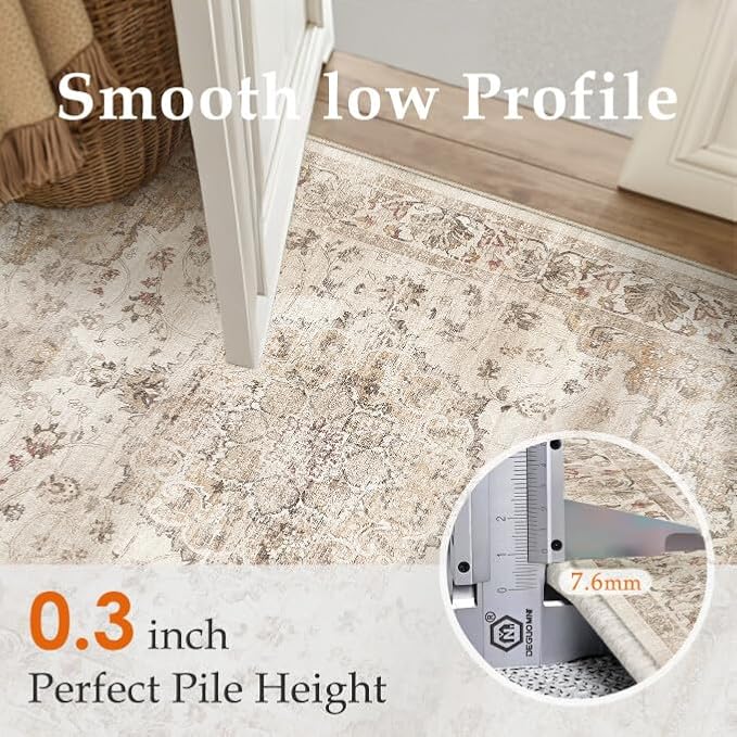 Washable Runner Rug 2x6 for Hallway Beige Vintage Long Carpet Soft Low Pile Non Slip Throw Rug Floral Distressed Accent Rug for Entryway Bathroom Office Laundry Dining Room