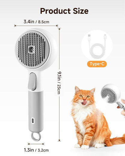 Pet Spray Brush for Cats & Dogs, 3-in-1 Grooming Tool with Steam Mist, 2-Speed Spray Settings, Removes Dander & Deshedding, One-Touch Self-Cleaning Hair Brush, for Long Short Hair Pets