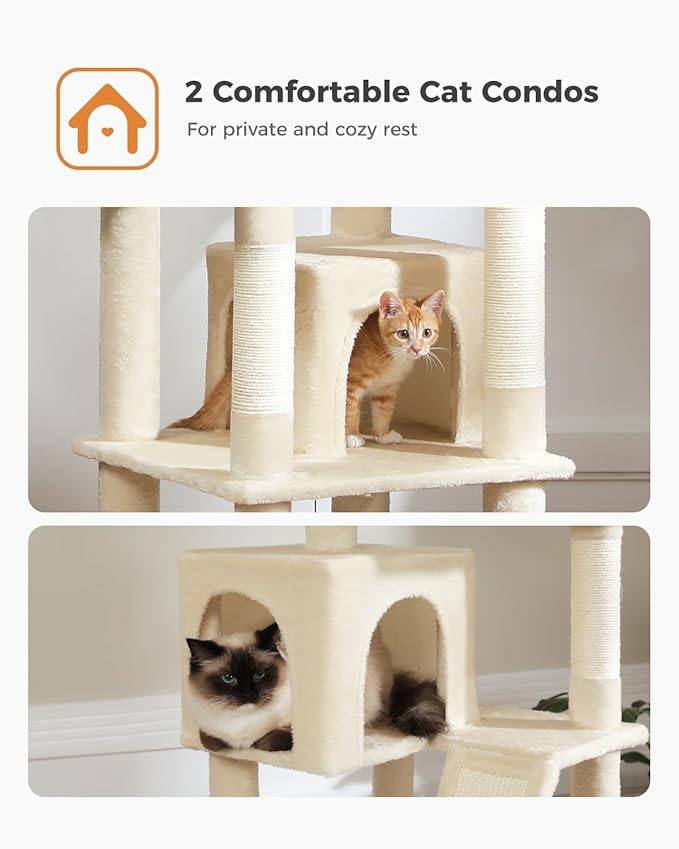 PAWZ Road Large Cat Tower, 70 Inches Tall Cat Tree with 2 Cozy Condos, 2 Plush Perch, Large Basket, 2 Scraching Pad & 6 Scraching Posts for Indoor Cats Adult, Beige