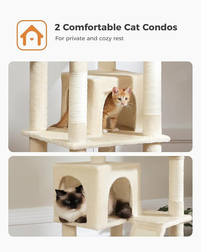 PAWZ Road Large Cat Tower, 70 Inches Tall Cat Tree with 2 Cozy Condos, 2 Plush Perch, Large Basket, 2 Scraching Pad & 6 Scraching Posts for Indoor Cats Adult, Beige