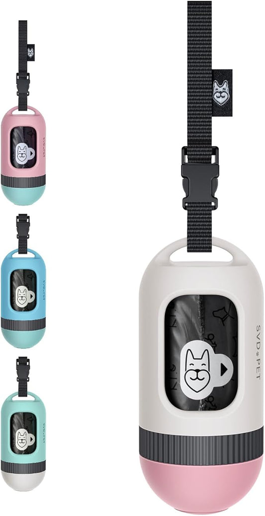 SVD.PET Dog Poop Bag Dispenser, Retractable Dog Waste Bag Holder for Leash, Pet Poop Bag Holder with 15 Bags, Dog Walking Accessory (White/Pink)