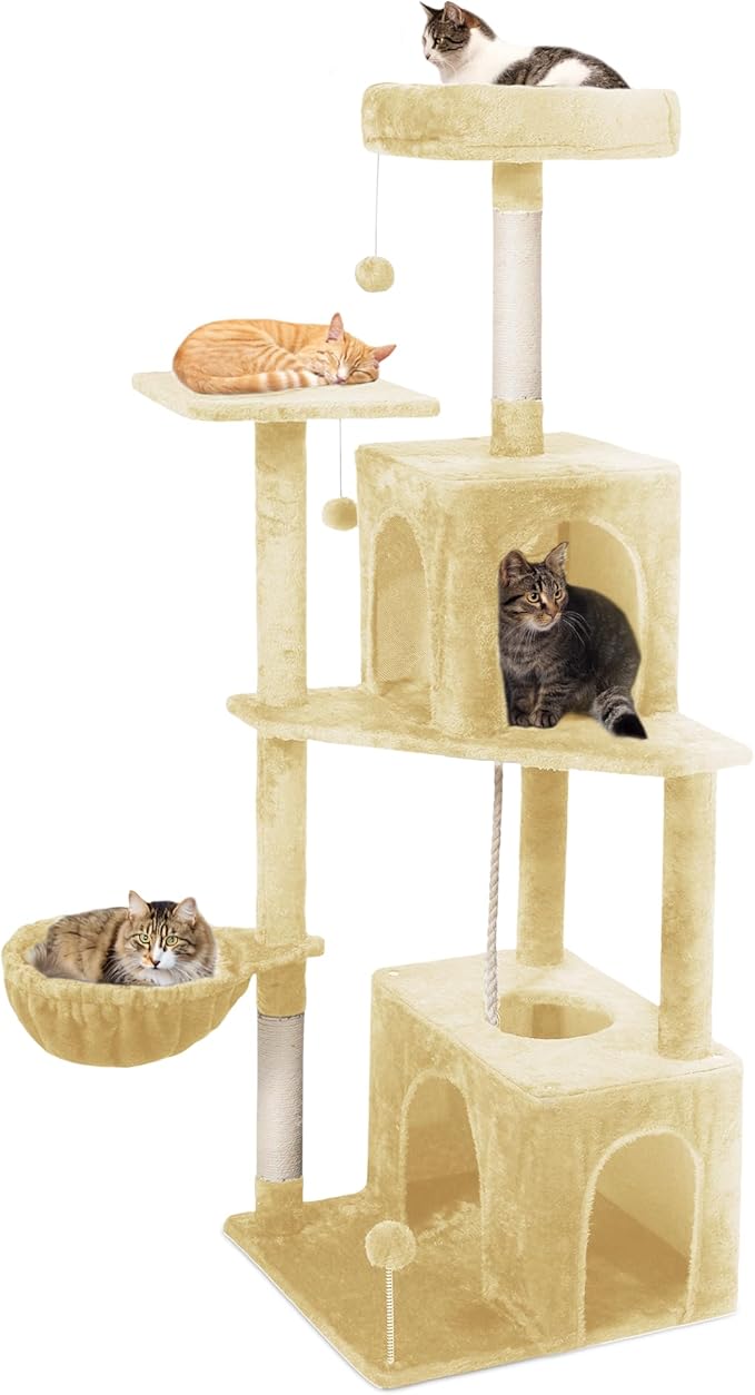Cat Tree, 54-Inch Cat Tower for Indoor Cats, Soft Plush Multi-Level Climbing Cat Condo with Scratching Posts, Basket, Perches,2 Caves,2 Pompoms Play House for Cat(Beige)