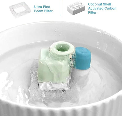 2.1L Ceramic Cat Water Fountain-for Cats and Dogs, 360 Ceramic Pet Fountain-70 Oz Large Water Capacity - Whisper-Quiet Water Flow-Great for Shy or Timid Pets - Fresh, Filtered Water (Blue)
