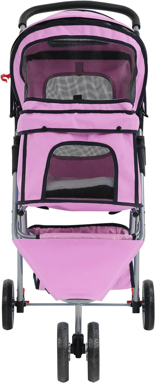 Dkeli 3-Wheel Pet Stroller, Lightweight Foldable Dog Stroller for Small Medium Dogs & Cats, Breathable Mesh & Weather Cover with Storage Basket, for Daily Walk Outdoor Travel (Pink)