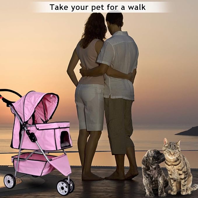 Dkeli 3-Wheel Pet Stroller, Lightweight Foldable Dog Stroller for Small Medium Dogs & Cats, Breathable Mesh & Weather Cover with Storage Basket, for Daily Walk Outdoor Travel (Pink)