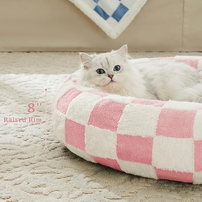 Checkered Cat Dog Bed, Cute Girly Pink Retro Style Aesthetic Round Warming Pet Calming Beds for Small Dog and Cats, Plush Cozy Donut Beds Washable, 23" L x 23" W x 8" Th