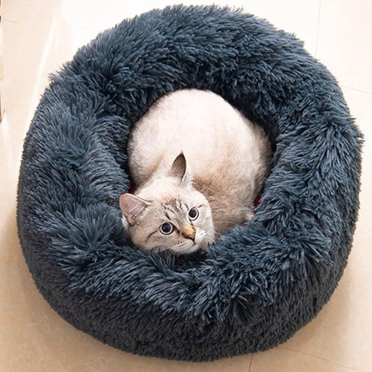Cat Beds for Indoor Cats - Cat Bed Washable 20 inches, Dog Beds for Small Medium Dogs, Anti Anxiety Round Fluffy Plush Faux Fur Pet Bed, Thick Bottom (Dark Grey, Medium)