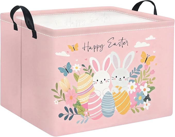 Rectangular Easter Basket for Home Kitchen Baby Girls Basket Cute Storage Bin Organizer Shelf Book Room Decor(Pink Easter)