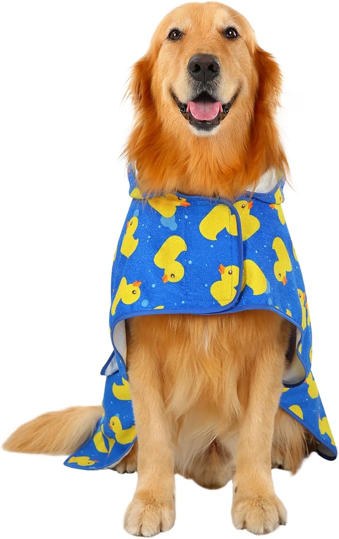 HDE Dog Bathrobe Super Absorbent Quick Drying Puppy Towel Wrap Coat Adjustable After Bath Robes with Hood for Dog Sizes S-XXL Blue Rubber Ducks L