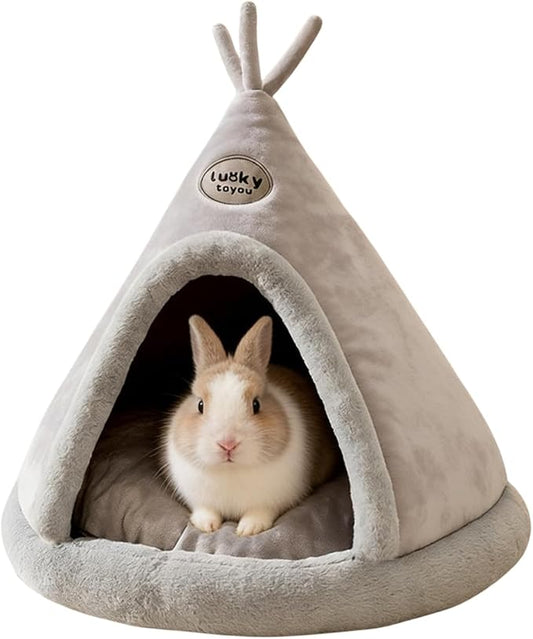 Rabbit Cave Bed, Comfortable Triangle Pet Teepee, Holiday Bunny Cave House and Bed, Extremely Cozy and Warm Tent for Cat Rabbit and Small Dog (Grey B,Small)