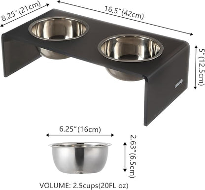 The LICKER Store DBL2000J Keaton 5" Small/Medium Modern Acrylic Rectangular Elevated Pet Feeder with 20oz 2-Stainless Steel Bowls, Dark Gray/Chrome