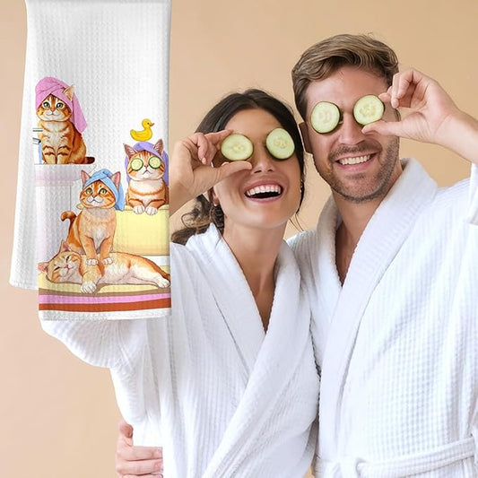 Bathing Cat Hand Towels - Quick-Dry Shower Cat Gathering Decorative Towels for Bathroom, Multi-Scene Bathroom & Spa Art Decorative Towel for Feline Ladies | Relaxation-Themed Gift for Pet Moms