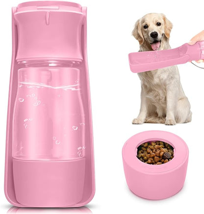Dog Water Bottle with Food Container, Foldable Portable Puppy Travel Water Dispenser, Leak Proof Dog Water Bowl Summer Accessories for Pet Outdoor Walking Hiking (Pink)
