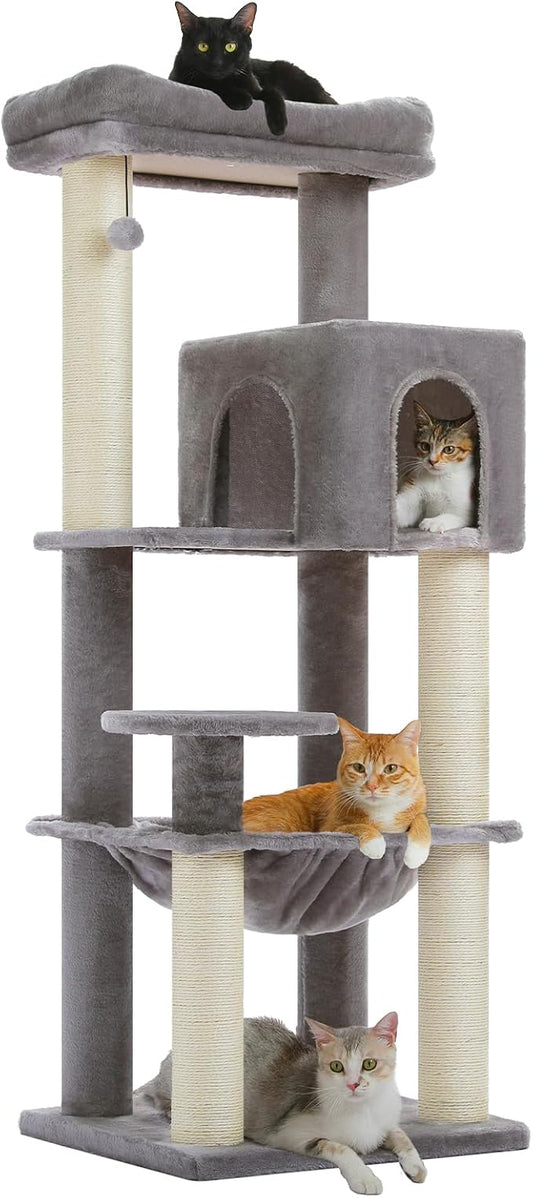 MUTTROS Large Cat Tree with Reinforced Scratching Posts (φ3.7in) for Big Adult Cats 30 lbs, 57.8" Heavy Duty Cat Tower with Larger Hammock and Condo, Cat Furniture for Maine Coon, Plush,Grey