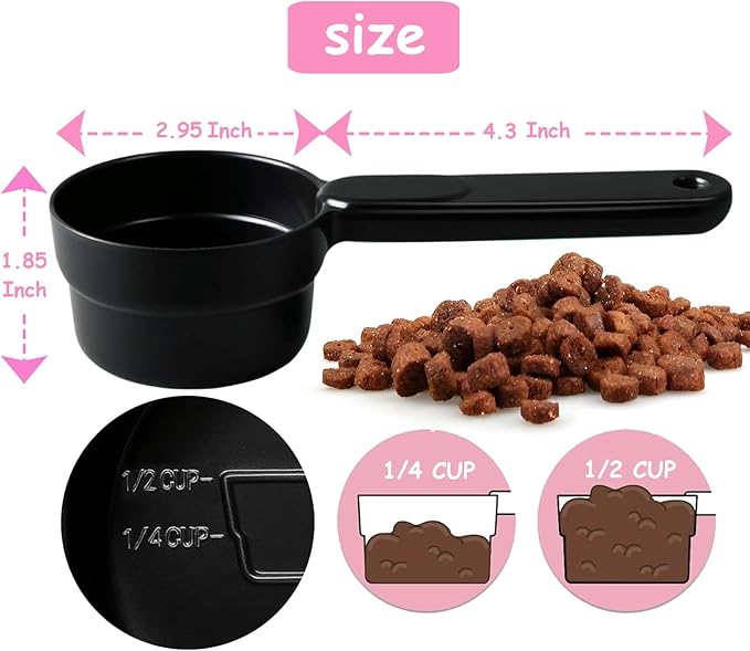 Dog Cat Food Scoop - Pet Food Scoop Dog Food Measuring Cup 1/2 1/4 Cup, Comfortable Long Handle for Easy to Scoop Food, Black 1/2 Cup