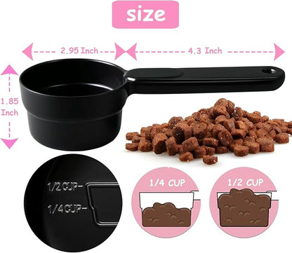 Dog Cat Food Scoop - Pet Food Scoop Dog Food Measuring Cup 1/2 1/4 Cup, Comfortable Long Handle for Easy to Scoop Food, Black 1/2 Cup