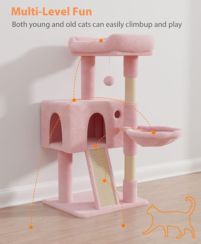 OS MOTOR Cat Tree Tower for Indoor Cats Large Adult,Cute/Tall Modern Cat Tree for Big Cats 20 lbs,Plush Multi-Level Cat Condo with Scratching Posts,Hammock, Dangling Ball (Soft Pink, 36 inch)
