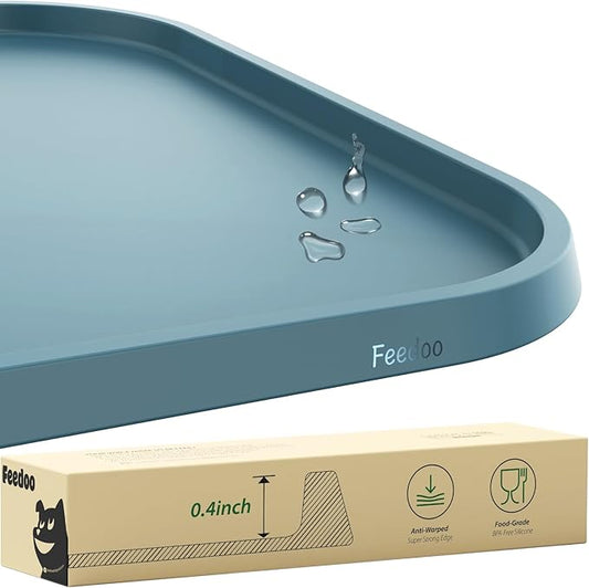 Pet Feeding Mat [Warped Resistant Raised Edge], Water-Proof Silicone Placement for Food Water Bowls, Anti-Slip Base Protect Floor, BPA-Free&Dishwasher-Safe [23.5x13.5inch Large, Blue]