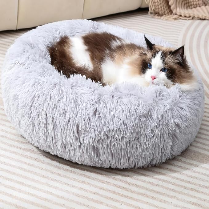 Fluffy Donut Cat Bed for Indoor Cats Kitten Bed Bunny Pillow Small Round Plush Calming Dog Bed Warm Cozy Pet Cushion for Cats Dogs Rabbits Under 3kg