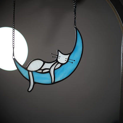 Sleeping White Cat on Moon Stained Glass Window Hangings,Cats Decor Cat Memorial Gifts for Cats Lovers,Suncatcher for Kitchen Bedroom Birthday Gift for Mom Grandma Aunt