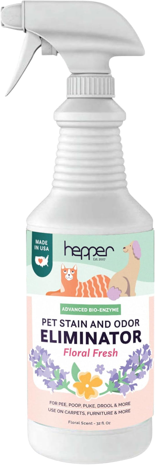Hepper Advanced Bio-Enzyme Pet Stain & Odor Eliminator Spray - Smell, Stain & Urine Remover for Cats, Dogs & Other Animals - 32oz Spray Safe for the Home - Floral Fresh