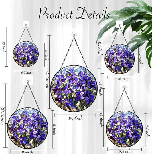 Stained Glass Window Hanging Lilac Stained Glass Style Suncatcher Round Purple Flower Window Hanging Decorative Panel Sun Catcher for Home Window Garden Gift