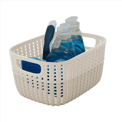 Simplify 4 Pack 2 Tone Sailor Knot Plastic Storage Tote | Decorative Basket | Closet Organization | De-clutter | Accessories | Toys | Bathroom Organization | Small | Ivory