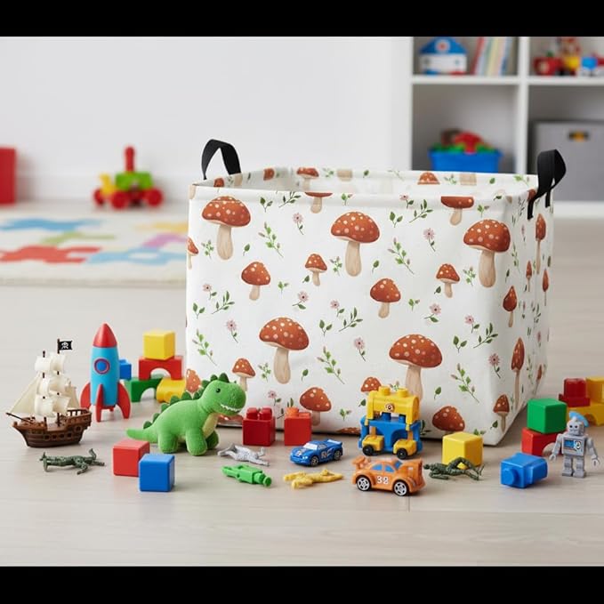 Rectangular Baby Kids Storage Basket for Home Kitchen Girls Cute Toy Storage Bin Organizer Shelf Book Room Decor(Mushroom)