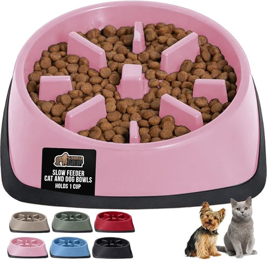 GORILLA GRIP Patented BPA Free Slow Feeder Dog Bowls, Interactive Puzzle Toy for Dogs and Cats Food Training Enrichment, Keeps Pets Busy and Prevents Puppy Overeating, Small Breeds, 1 Cup, Pink