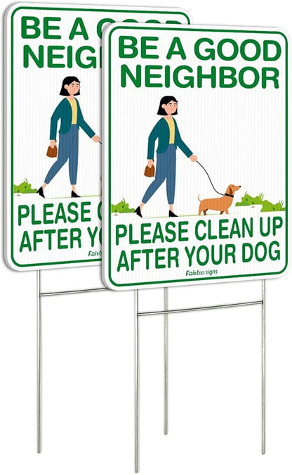 Faittoo Clean Up After Your Dog Signs (2 Pack) 12"x9" Double Sided with Metal H-Stake No Poop Signs for Lawn, Weather Resistant, Easy to Mount