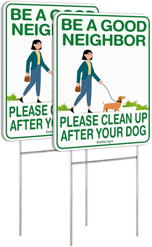 Faittoo Clean Up After Your Dog Signs (2 Pack) 12"x9" Double Sided with Metal H-Stake No Poop Signs for Lawn, Weather Resistant, Easy to Mount