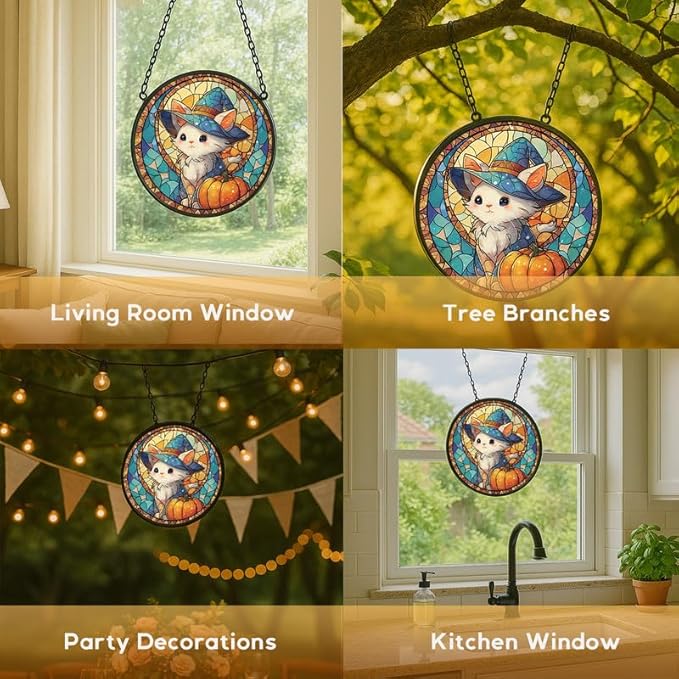 Stained Glass Window Hanging， Cat Tree Moon 11.8in Sun Catchers Indoor Window， Core Decor Inside and Outside The Cottage， Gifts for Women， Black Cat Silhouette Autumn Tree Decor