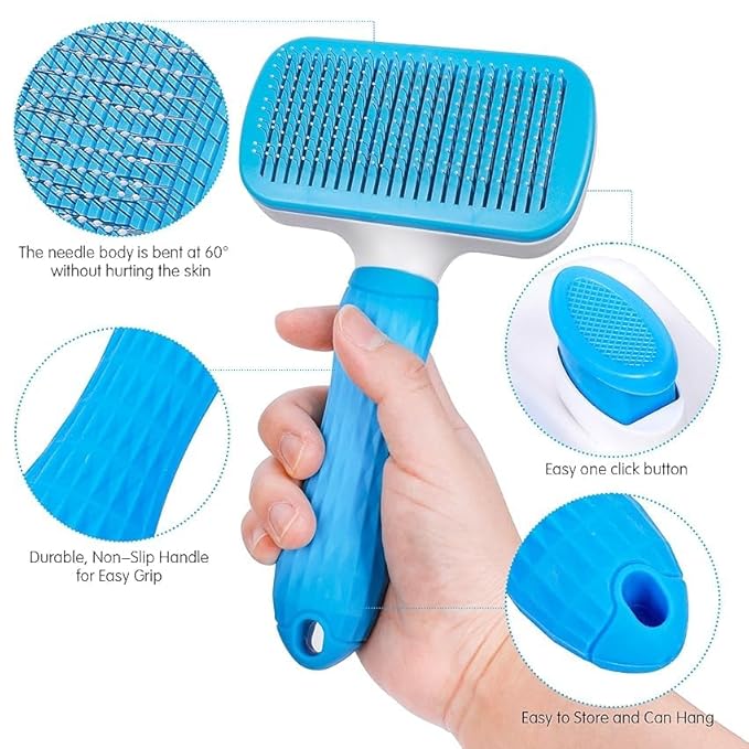 Pet hair grooming square brush with Massage Particles, Self Cleaning Dematting Comb Dogs and Cats, Easy to Use, Ergonomic Handle Design (Blue)