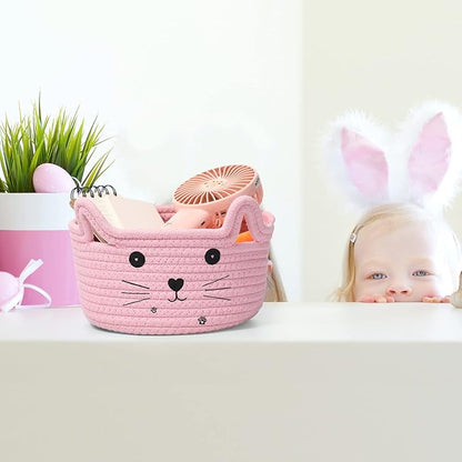 Zopeal Cat Basket Storage Woven Organizer with Ears Easter Decorative Pet Toy Cute Cotton Rope Basket for Gift Cat Dog Toy Bin Nursery Room(8.3 x 4.7 Inch,Pink)