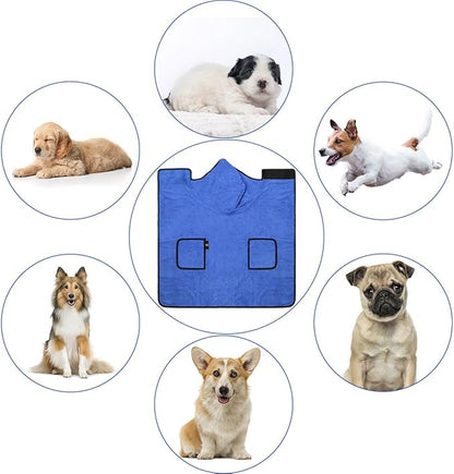 Dog Bathrobe Towel with Double Pocket, Wearable Dog Towel Super Absorbent Fast Drying, Soft Bath Robe with Hat and Belt for Medium Large Pet (Large:Back Length 23"/60 cm)