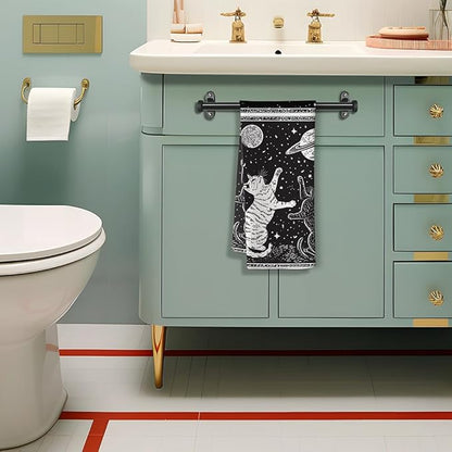 Cat Kitchen Towels - Quick-Dry Monochrome Star-Gazing Cats Art, Duo Obsidian & Ivory Silhouettes Hand Cloth for Celestial Pet Moms | Decorative Dish Towel & Ethereal Home Accent, Astronomical Gift