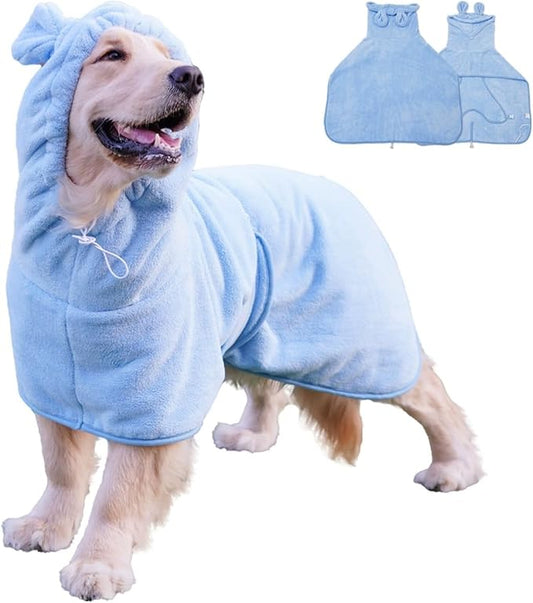 Pet Bathrobe for Dog Cat Absorbently Quick Drying Coat Cute Dogs Bath Towel Hooded Robe Adjustable Collar & Belly Strap for Pool Beach (Blue, Medium)