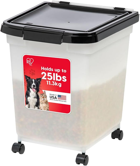 IRIS USA 25 Lbs / 32.5 Qt WeatherPro Airtight Pet Food Storage Container with Removable Casters, for Dog Cat Bird and Other Pet Food Storage Bin, Keep Fresh, Translucent Body, Pearl/Black