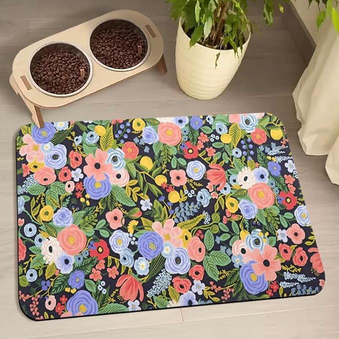 Dog Food Mats for Floors Waterproof, Pet Water Bowl Mats Pet Feeding Absorbent Placemats Flower 16 * 24 inch