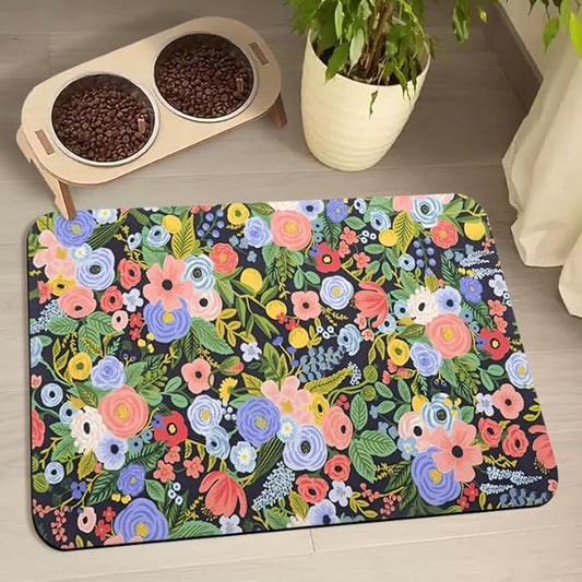 Dog Food Mats for Floors Waterproof, Pet Water Bowl Mats Pet Feeding Absorbent Placemats Flower 16 * 24 inch
