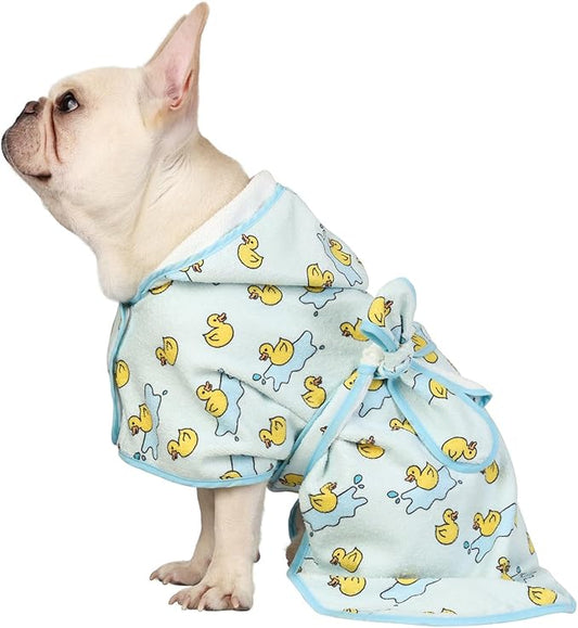 HDE Dog Bathrobe Super Absorbent Quick Drying Puppy Towel Wrap Coat Adjustable After Bath Robes with Hood for Dog Sizes S-XXL Rubber Duck Puddles M