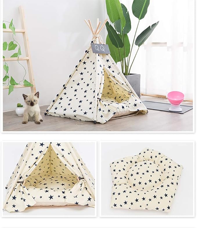 Cat Teepee Tent 16" x 20", Washable Small Dog Teepee Tent, Indoor House Non Slip Reusable Thicked Soft Comfort Cotton Cushion Bedding for Small Dogs Cat Rabbit Hamster Chinchillas Rat, Stars
