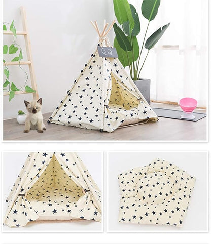 Cat Teepee Tent 16" x 20", Washable Small Dog Teepee Tent, Indoor House Non Slip Reusable Thicked Soft Comfort Cotton Cushion Bedding for Small Dogs Cat Rabbit Hamster Chinchillas Rat, Stars