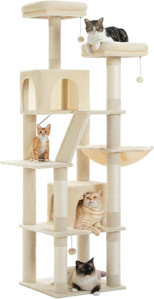 PAWZ Road Large Cat Tower, 70 Inches Tall Cat Tree with 2 Cozy Condos, 2 Plush Perch, Large Basket, 2 Scraching Pad & 6 Scraching Posts for Indoor Cats Adult, Beige