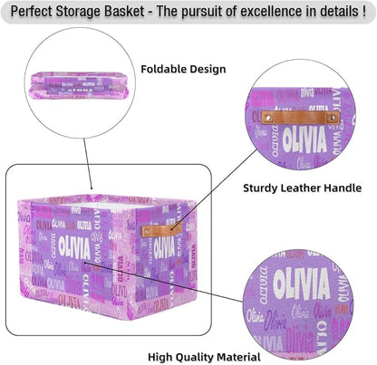 Personalized Foldable Storage Basket with Name, Laundry Hamper Dirty Clothes Pet Toys Storage Bin with Handles for Shelf Home Closet Kitchen, Purple and Pink Background