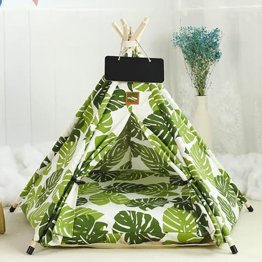 Stylish Pet Teepee Tent with Removable Cushion, Foldable Cat & Dog Tent House with Solid Wood Frame for Indoor Use (Multiple Patterns & Sizes)(A,M)