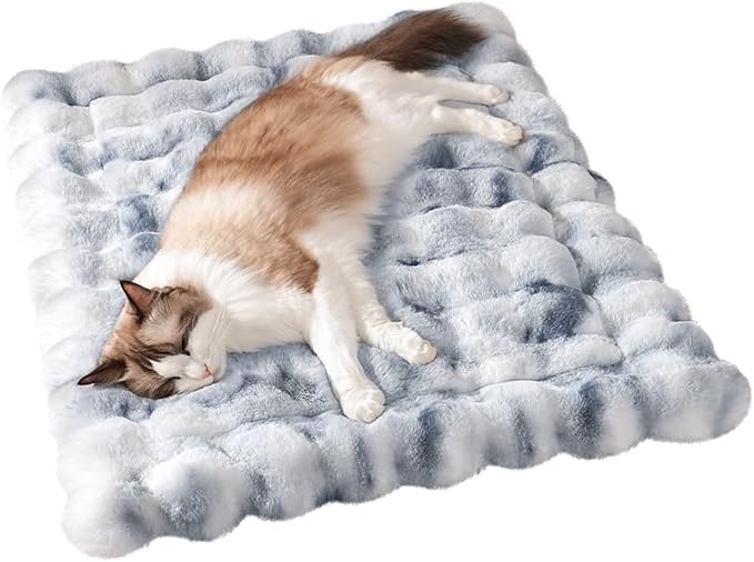 Cat Bed, Plush Faux Fur Kneading Flat Mat - Machine Washable Fluffy Pet Bed for Indoor Cats, Non-Slip Small Kitten Bed, Therapeutic Knead Cat Mat for Couch & Window Sill, 23"×15" Inch, Blue